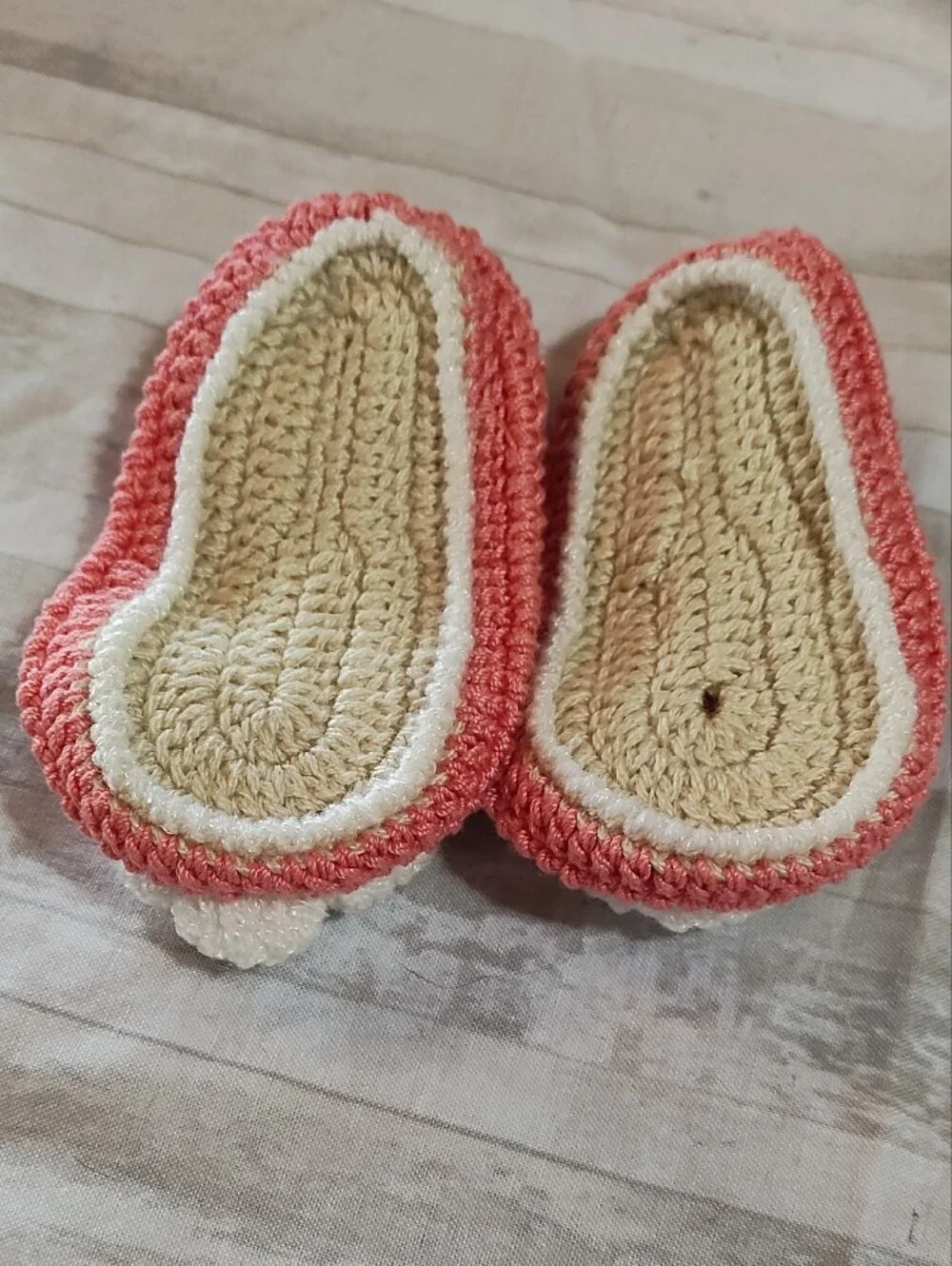 Handmade Coral Crochet Baby Mary Jane Shoes with Cream Flower Accent